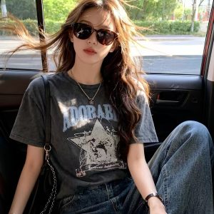 Women's Streetwear Vintage Washed Grey Print Short Sleeve T-Shirt 2026 Summer Loose Fit Top