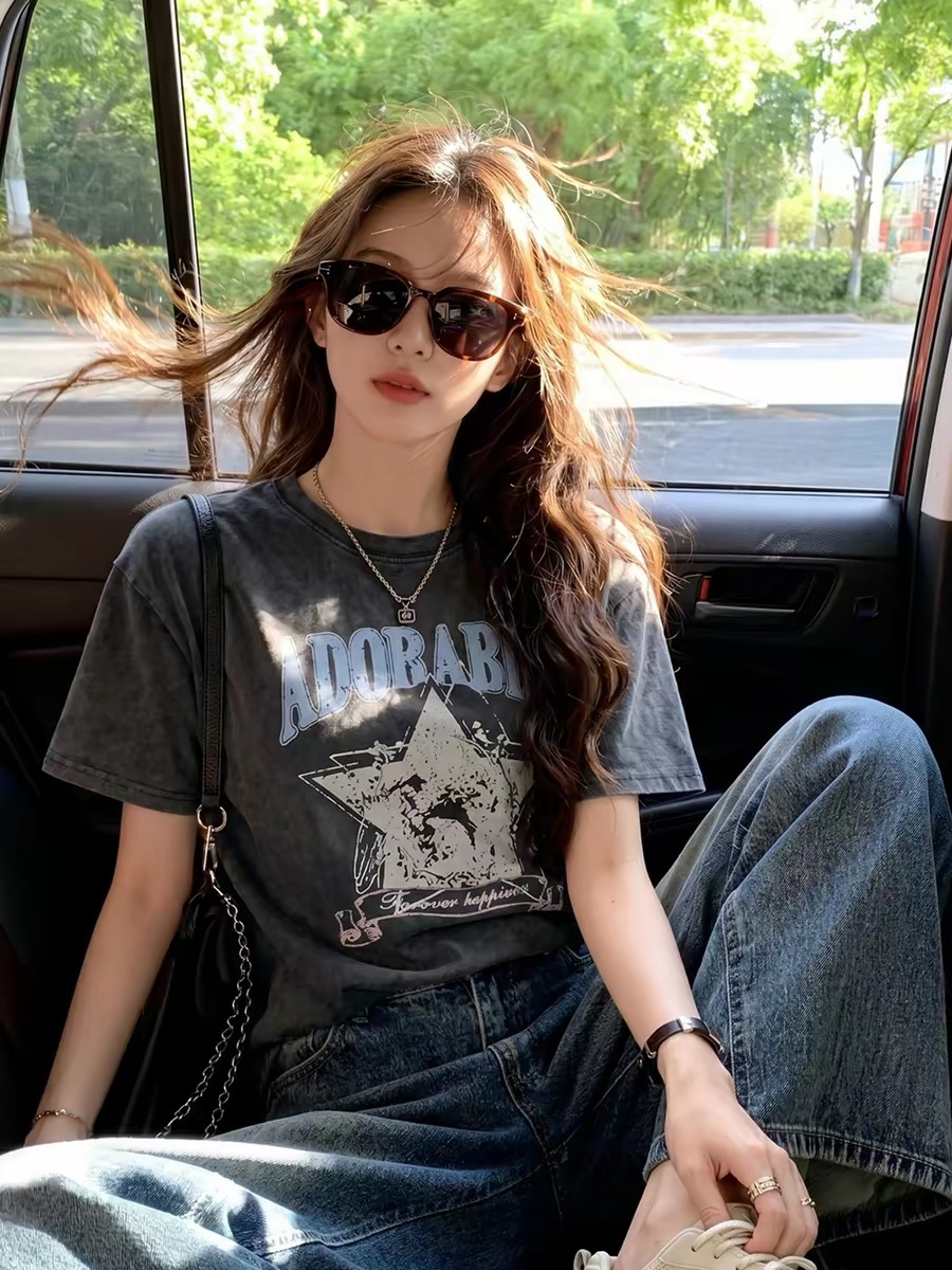Women's Streetwear Vintage Washed Grey Print Short Sleeve T-Shirt 2026 Summer Loose Fit Top