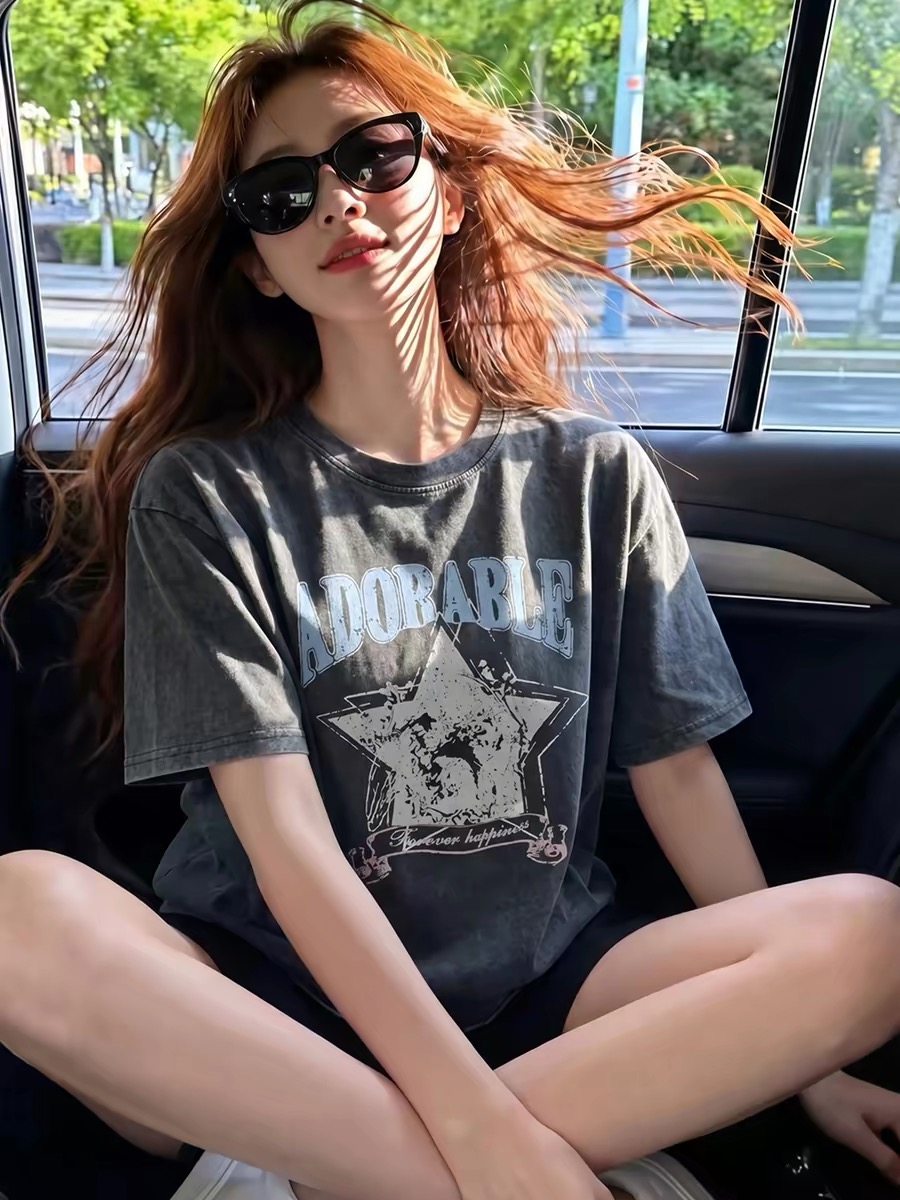 Women's Streetwear Vintage Washed Grey Print Short Sleeve T-Shirt 2026 Summer Loose Fit Top - Image 2
