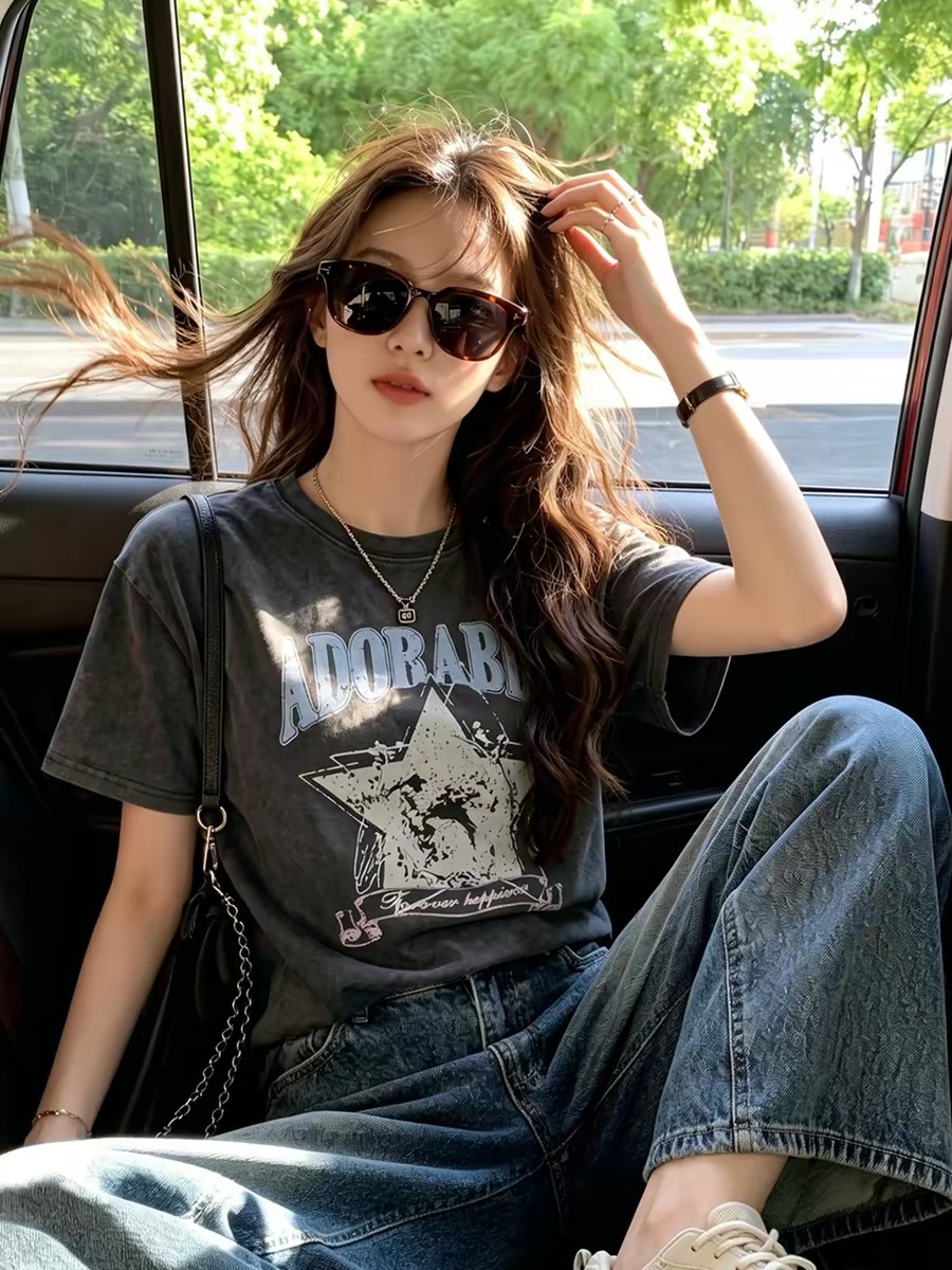 Women's Streetwear Vintage Washed Grey Print Short Sleeve T-Shirt 2026 Summer Loose Fit Top - Image 3