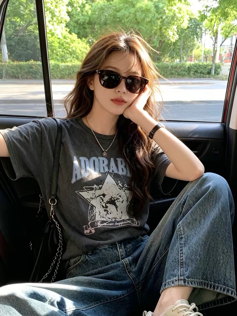 Women's Streetwear Vintage Washed Grey Print Short Sleeve T-Shirt 2026 Summer Loose Fit Top - Image 4