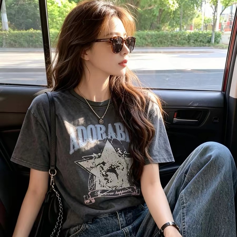 Women's Streetwear Vintage Washed Grey Print Short Sleeve T-Shirt 2026 Summer Loose Fit Top - Image 5