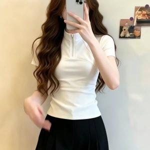 Women's White Short Sleeve Half Zip Stand Collar Slim Fit T-Shirt Summer 2026 Commuter Top