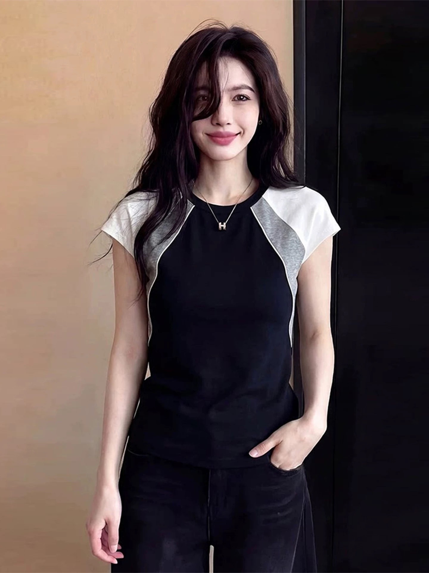 Women's Casual Black White Grey Color Block Short Sleeve T-Shirt 2026 Summer Korean Style Sporty Top - Image 3