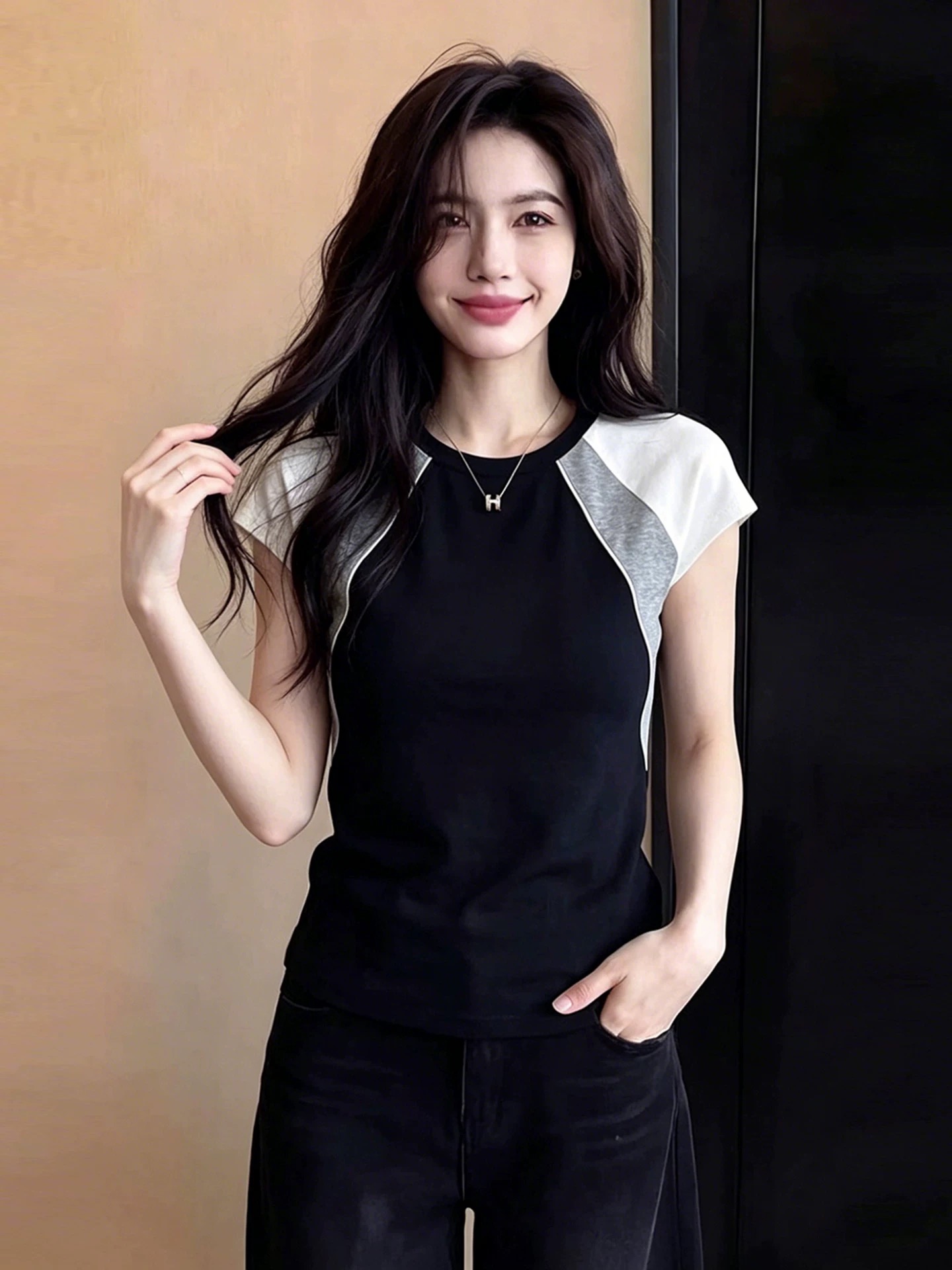 Women's Casual Black White Grey Color Block Short Sleeve T-Shirt 2026 Summer Korean Style Sporty Top - Image 2