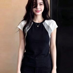 Women's Casual Black White Grey Color Block Short Sleeve T-Shirt 2026 Summer Korean Style Sporty Top