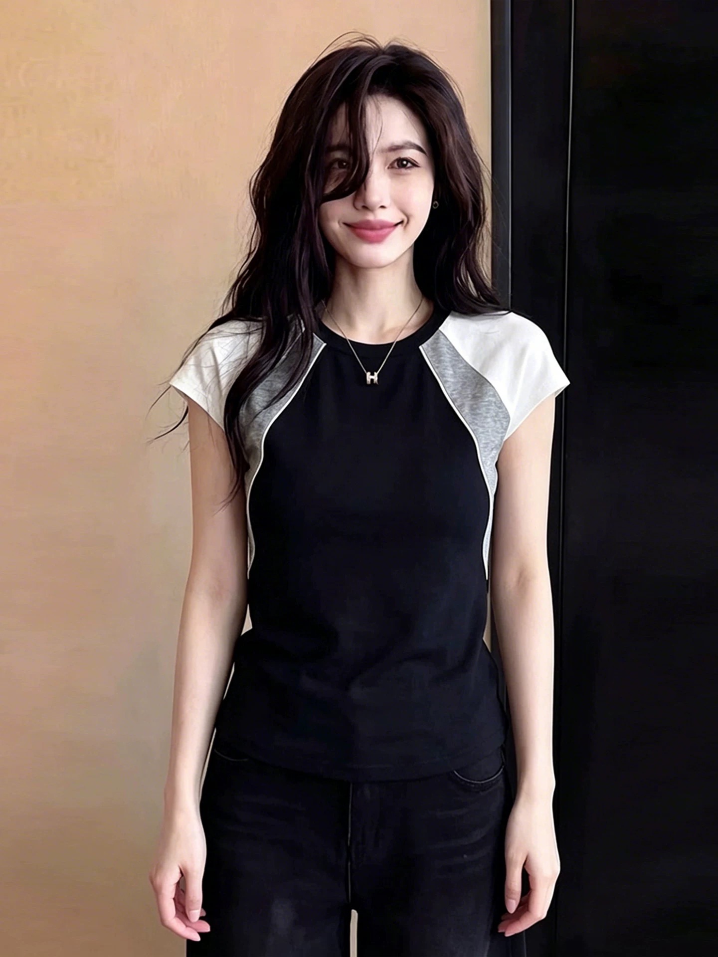 Women's Casual Black White Grey Color Block Short Sleeve T-Shirt 2026 Summer Korean Style Sporty Top
