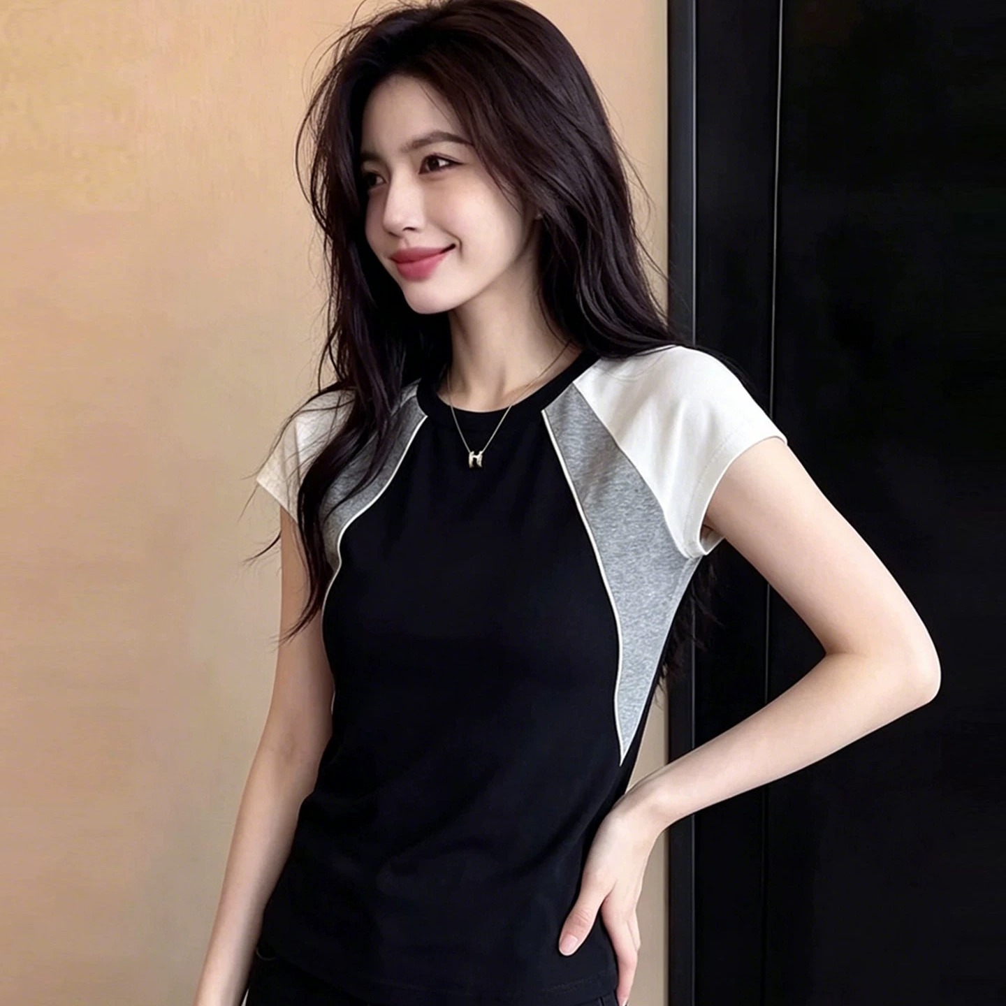 Women's Casual Black White Grey Color Block Short Sleeve T-Shirt 2026 Summer Korean Style Sporty Top - Image 5