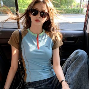 Women's Color Block Short Sleeve T-Shirt 2026 Summer Casual Cotton Top - Style 6217e3