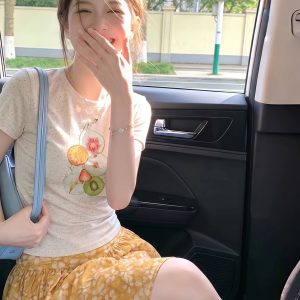 Beige Fruit Print T-Shirt for Women 2026 Summer Short Sleeve Top
