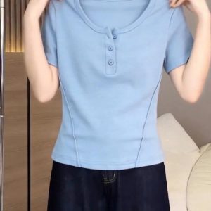 Light Blue Henley Neck Short Sleeve T-Shirt for Women 2026 Summer Korean Style