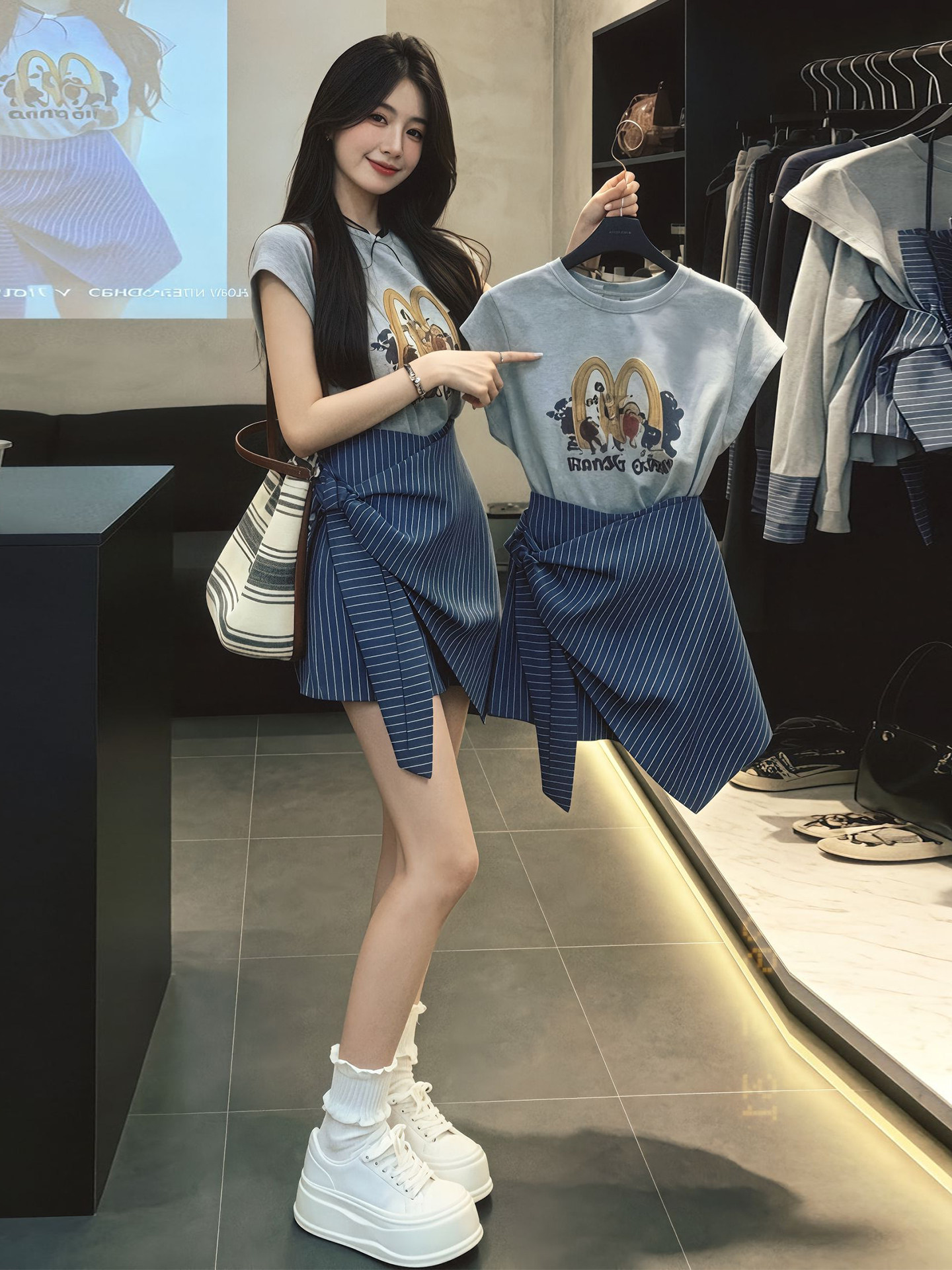 Women's Gray Loose Print Short Sleeve Round Neck T-Shirt 2026 Summer Dopamine Outfit French Style Two-Piece Set - Image 4