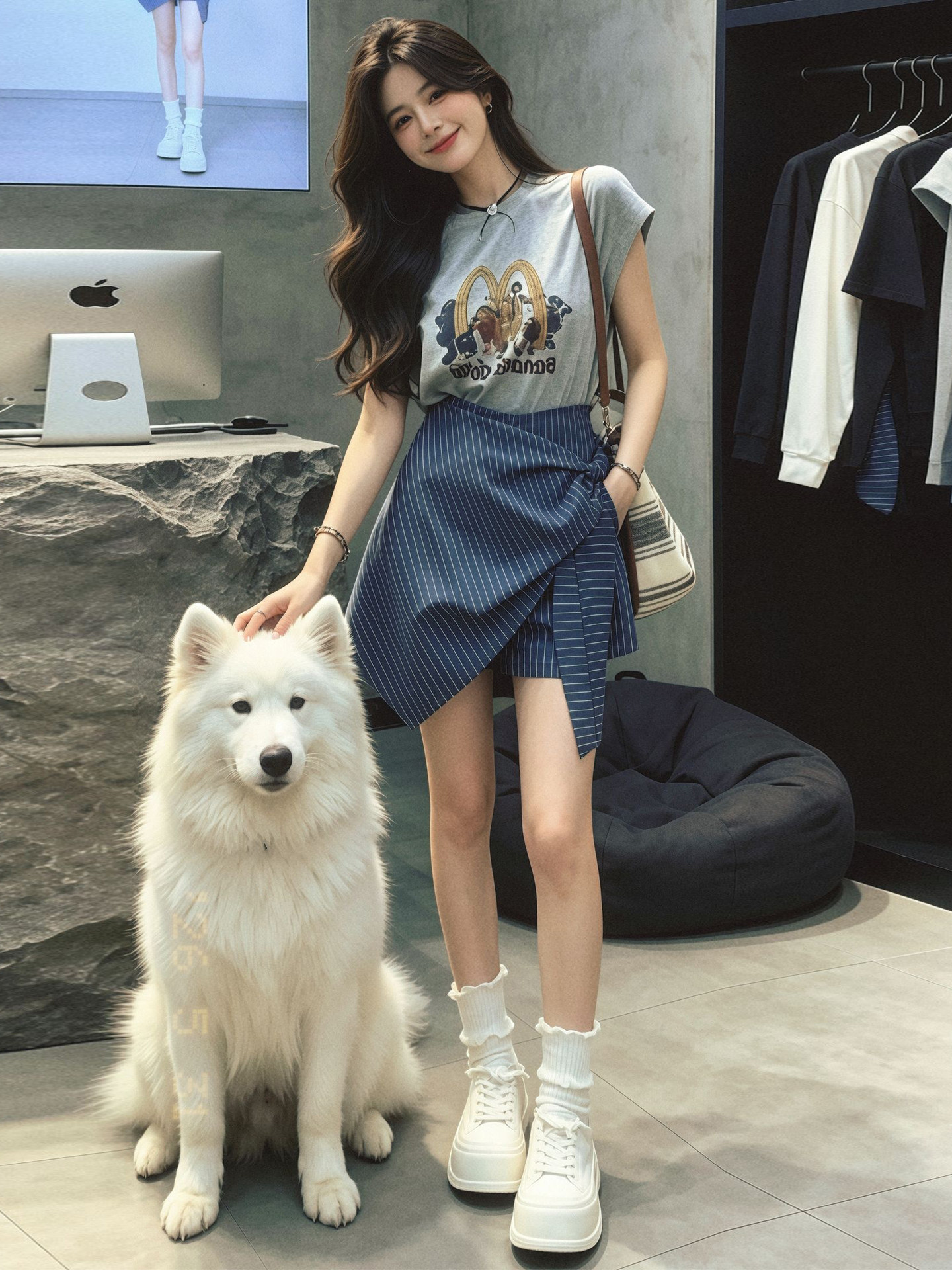 Women's Gray Loose Print Short Sleeve Round Neck T-Shirt 2026 Summer Dopamine Outfit French Style Two-Piece Set - Image 2
