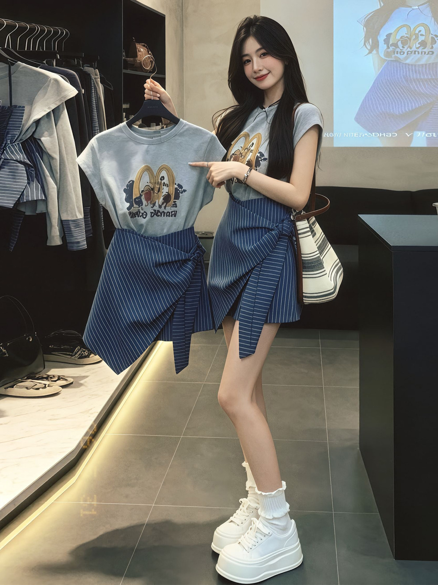 Women's Gray Loose Print Short Sleeve Round Neck T-Shirt 2026 Summer Dopamine Outfit French Style Two-Piece Set
