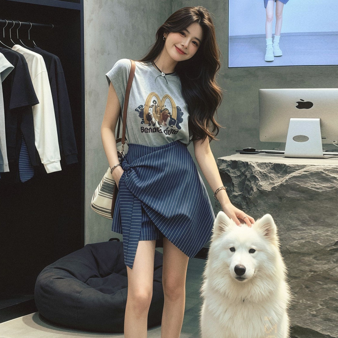 Women's Gray Loose Print Short Sleeve Round Neck T-Shirt 2026 Summer Dopamine Outfit French Style Two-Piece Set - Image 5