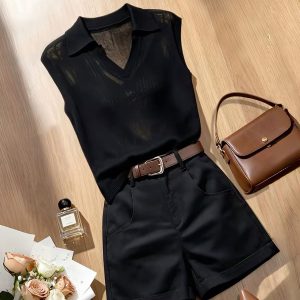 Women's Two-Piece Set Black Lapel Top and High-Waist Shorts Summer 2026