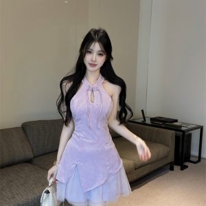 New Chinese Style Off-Shoulder Lace Panel Mini Qipao Dress for Women - Style 76b8e3