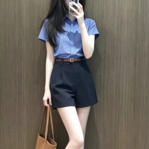 Blue Plaid Collared Short Sleeve Shirt Women 2026 Summer French Preppy Fashion Set