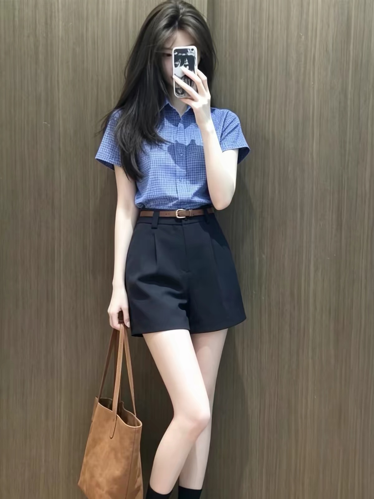 Blue Plaid Collared Short Sleeve Shirt Women 2026 Summer French Preppy Fashion Set