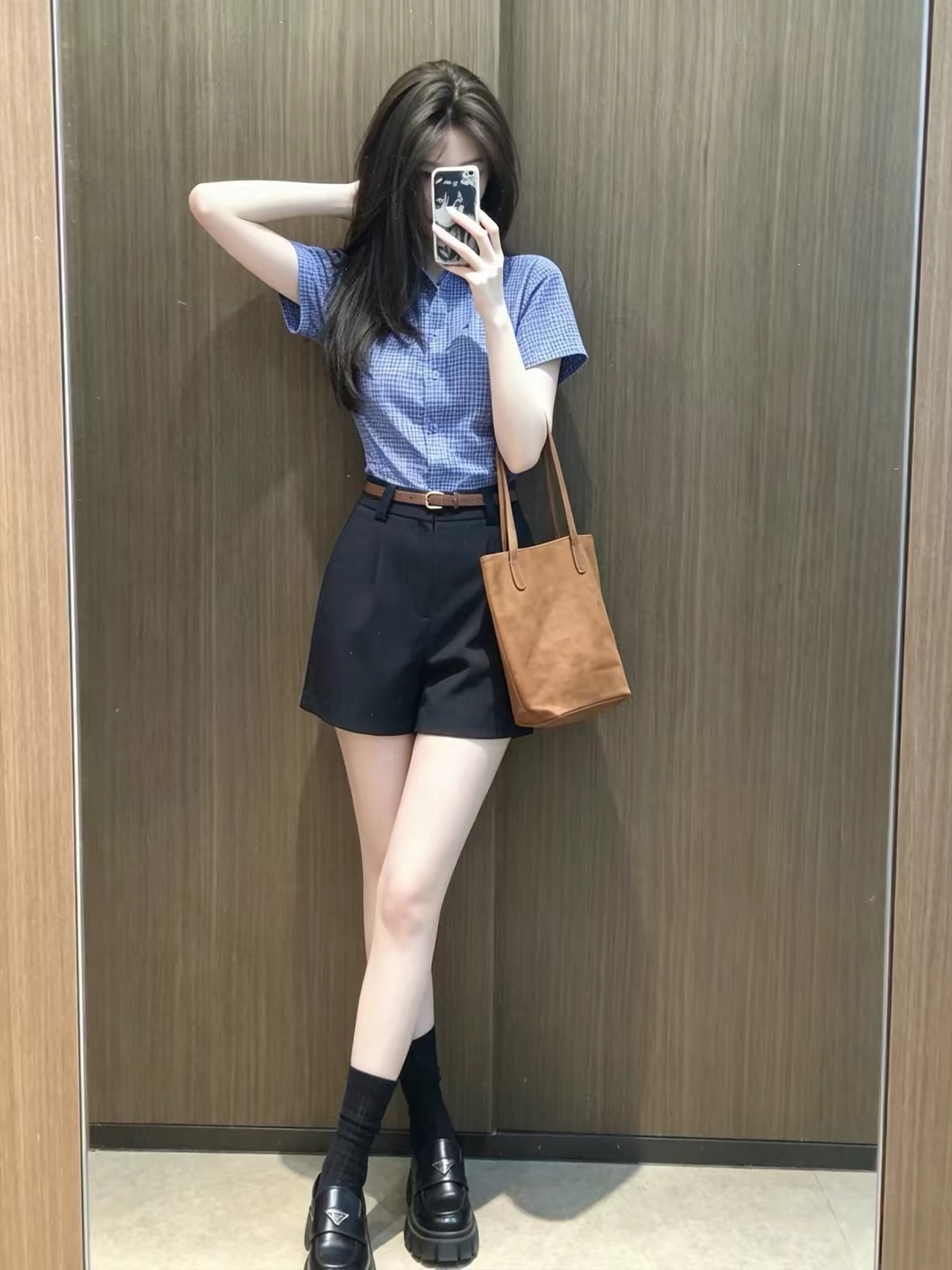 Blue Plaid Collared Short Sleeve Shirt Women 2026 Summer French Preppy Fashion Set - Image 2