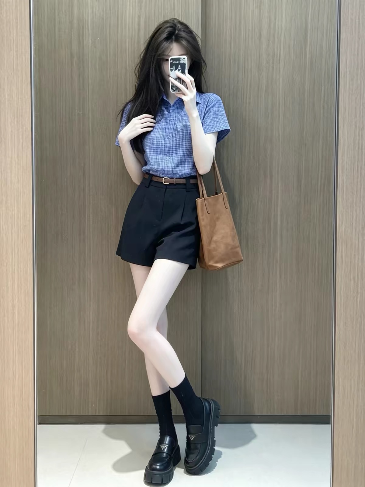 Blue Plaid Collared Short Sleeve Shirt Women 2026 Summer French Preppy Fashion Set - Image 3