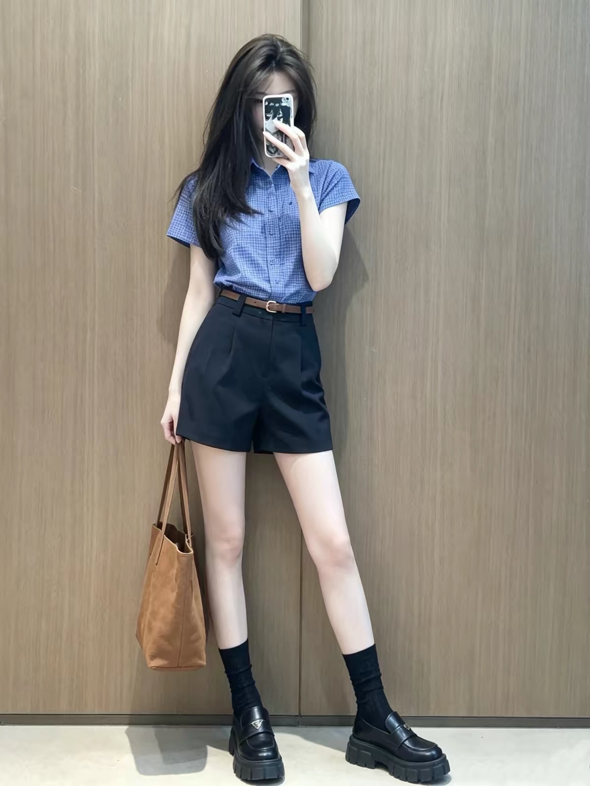 Blue Plaid Collared Short Sleeve Shirt Women 2026 Summer French Preppy Fashion Set - Image 4