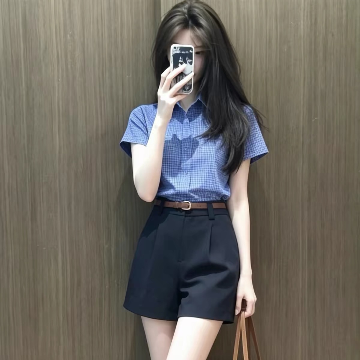 Blue Plaid Collared Short Sleeve Shirt Women 2026 Summer French Preppy Fashion Set - Image 5