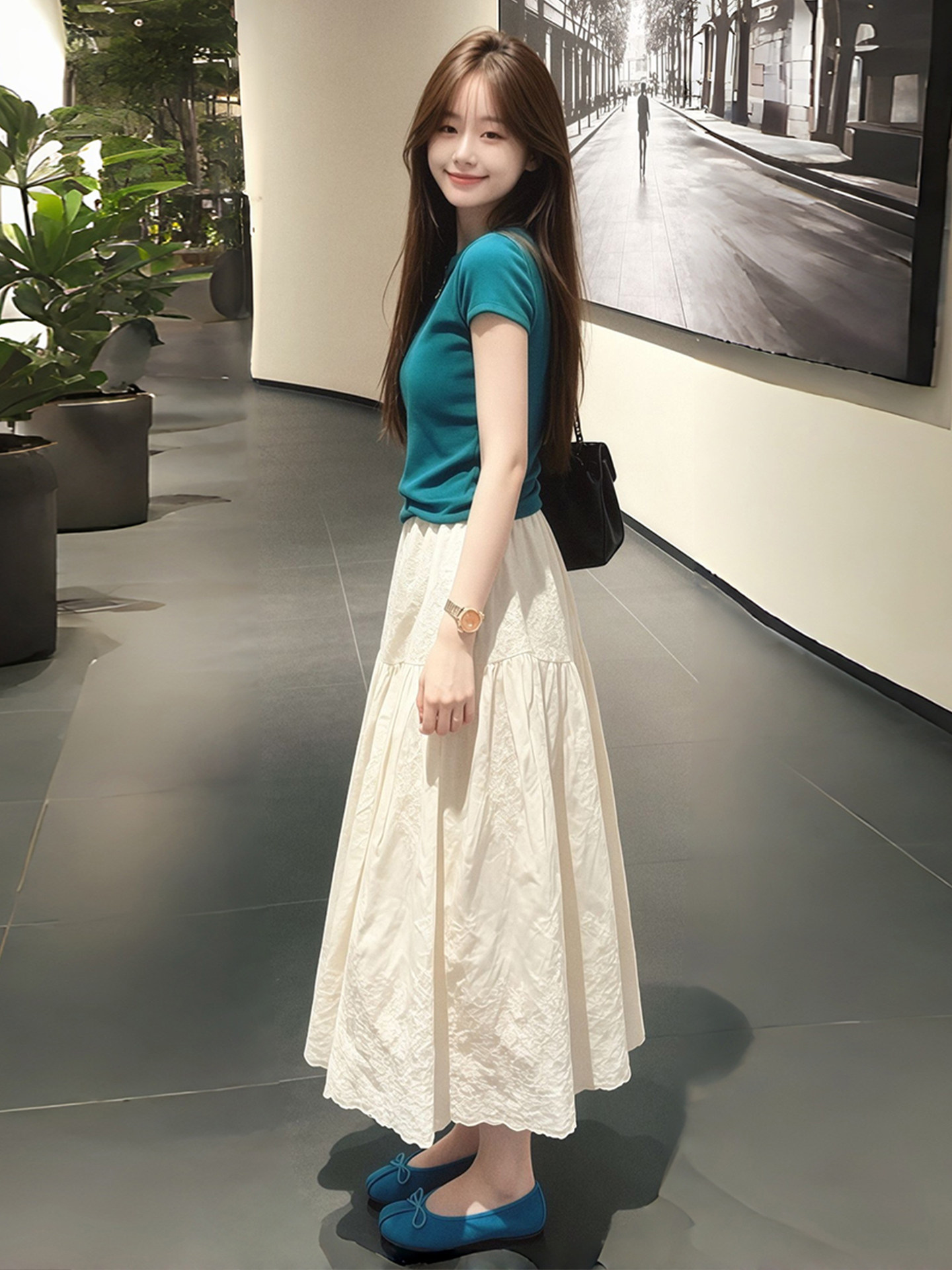Peacock Blue High Quality Two Piece Set Women Summer 2026 Cotton Short Sleeve Top and Skirt - Image 3