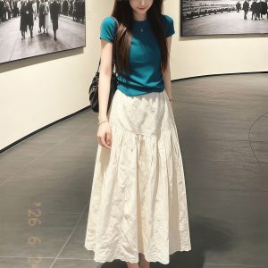 Peacock Blue High Quality Two Piece Set Women Summer 2026 Cotton Short Sleeve Top and Skirt