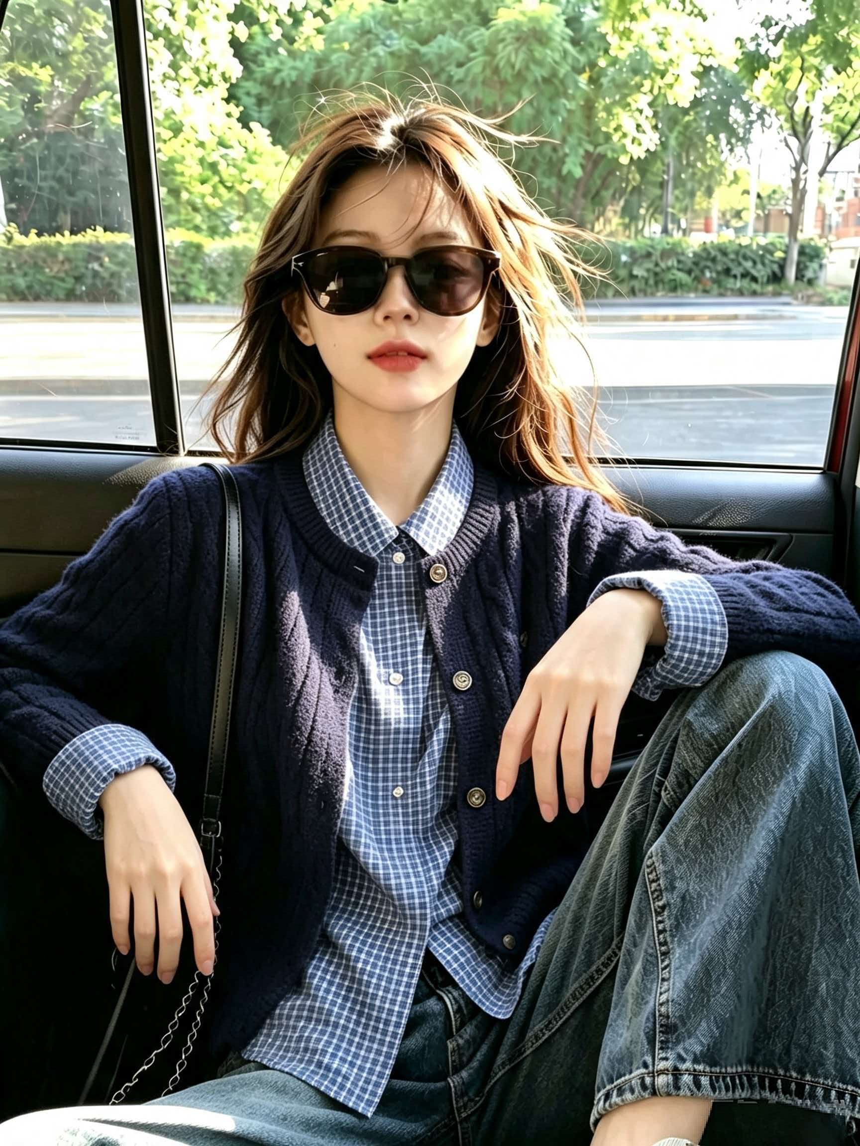 Women's 2026 Autumn Winter Two-Piece Fashion Set with Plaid Shirt and Cardigan Sweater - Image 3