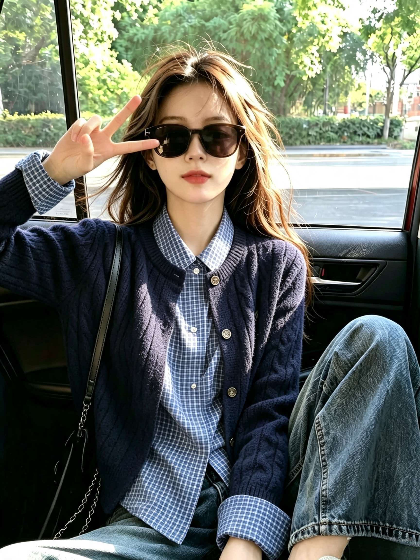 Women's 2026 Autumn Winter Two-Piece Fashion Set with Plaid Shirt and Cardigan Sweater - Image 4