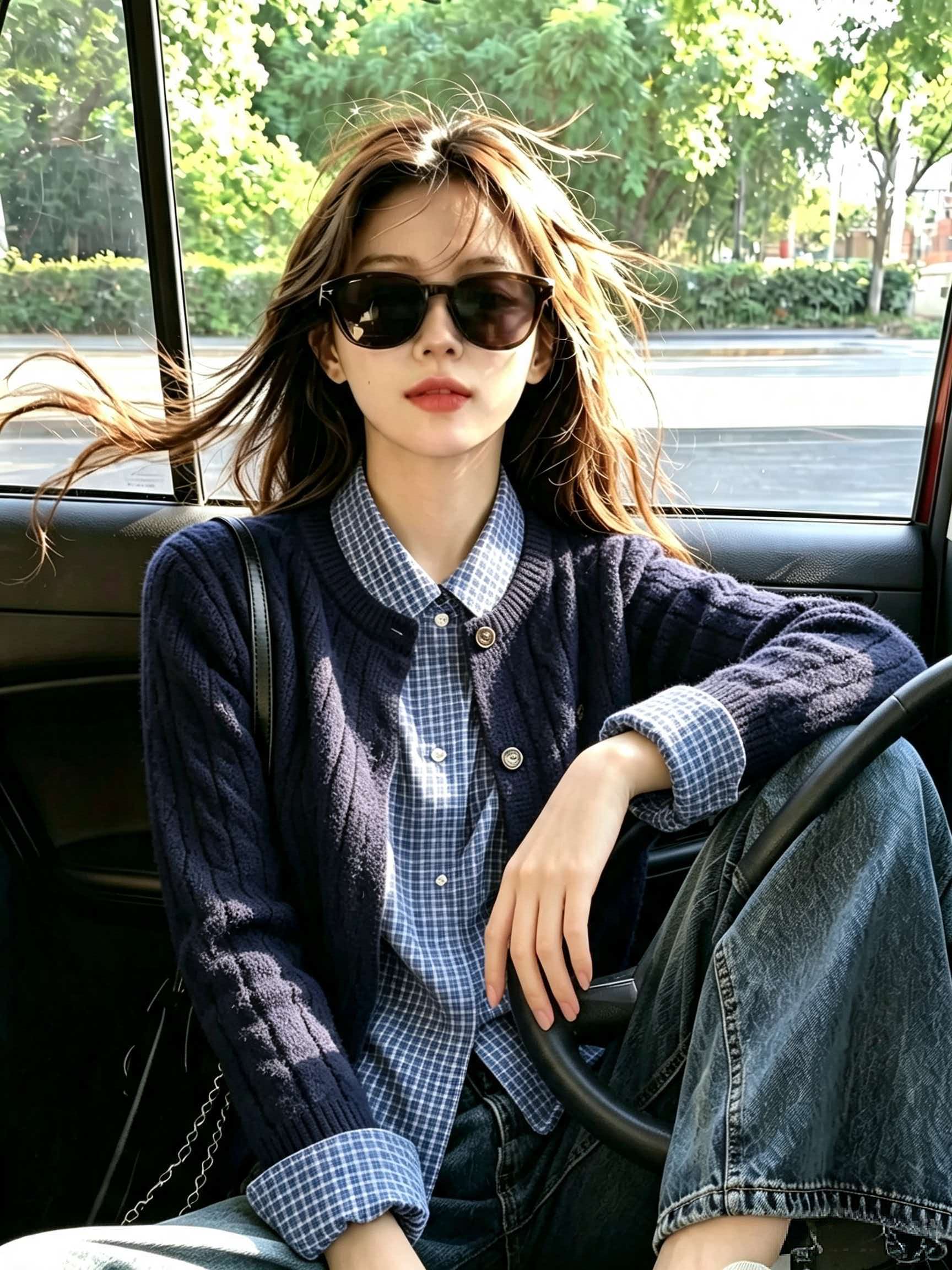 Women's 2026 Autumn Winter Two-Piece Fashion Set with Plaid Shirt and Cardigan Sweater - Image 2