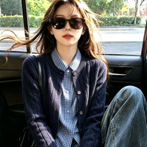 Women's 2026 Autumn Winter Two-Piece Fashion Set with Plaid Shirt and Cardigan Sweater
