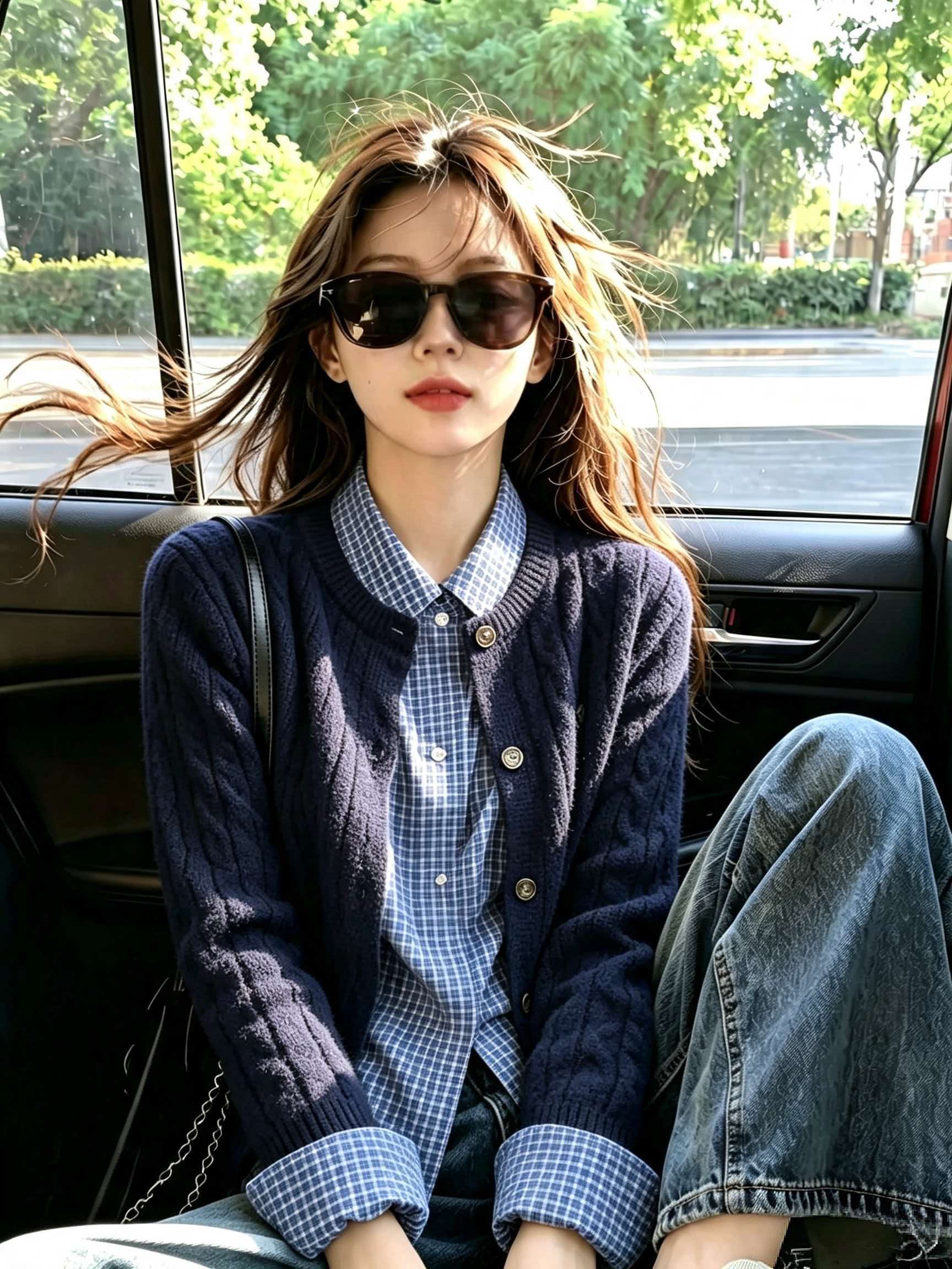 Women's 2026 Autumn Winter Two-Piece Fashion Set with Plaid Shirt and Cardigan Sweater