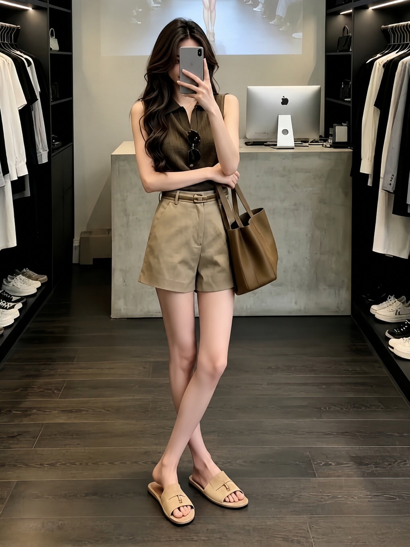 Women's 2026 Summer Cotton Two-Piece Set with Brown Lapel Top and Khaki Shorts - Image 2