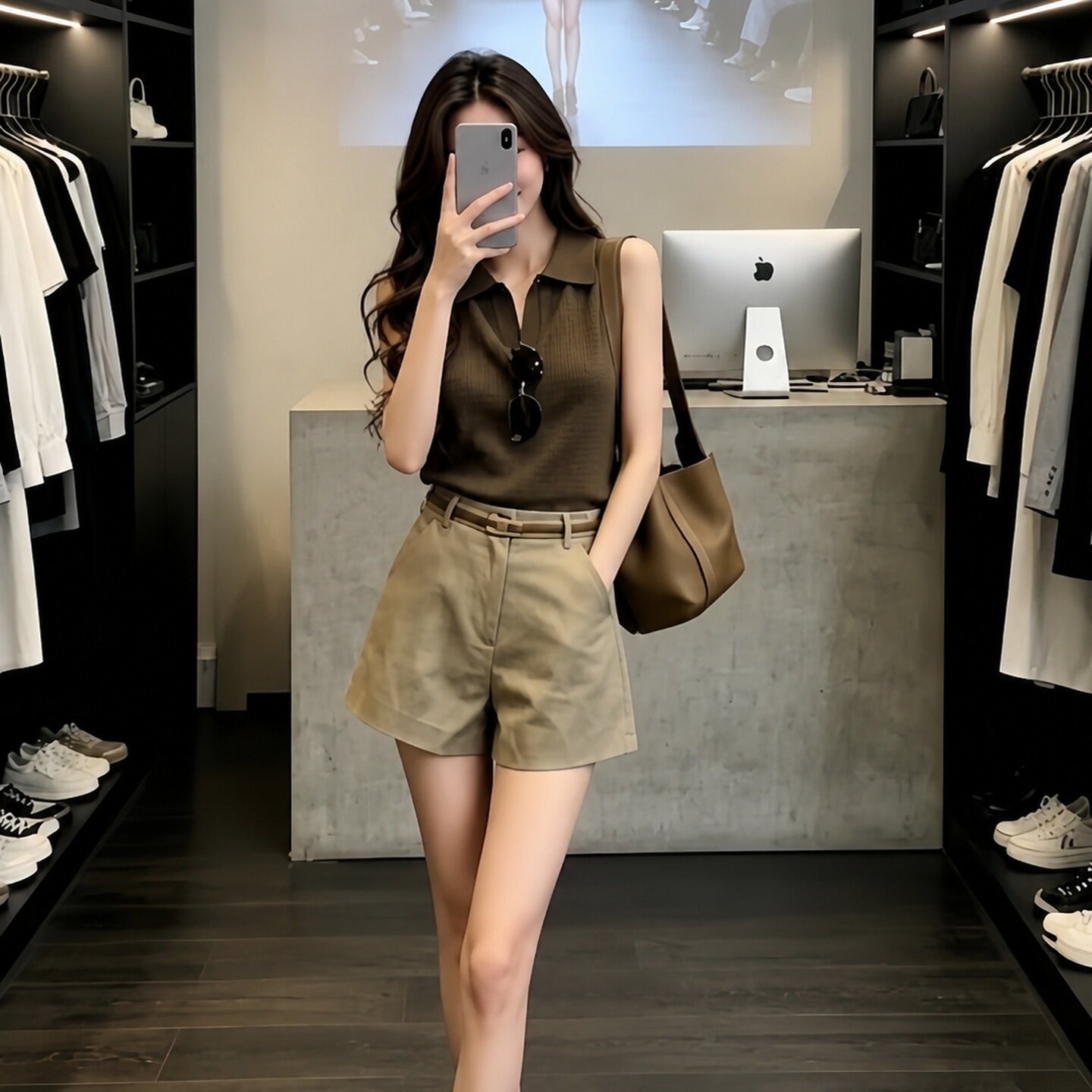Women's 2026 Summer Cotton Two-Piece Set with Brown Lapel Top and Khaki Shorts - Image 5