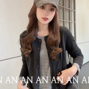 Women's Striped Patchwork Faux-Layer Round Neck Knit Cardigan Top