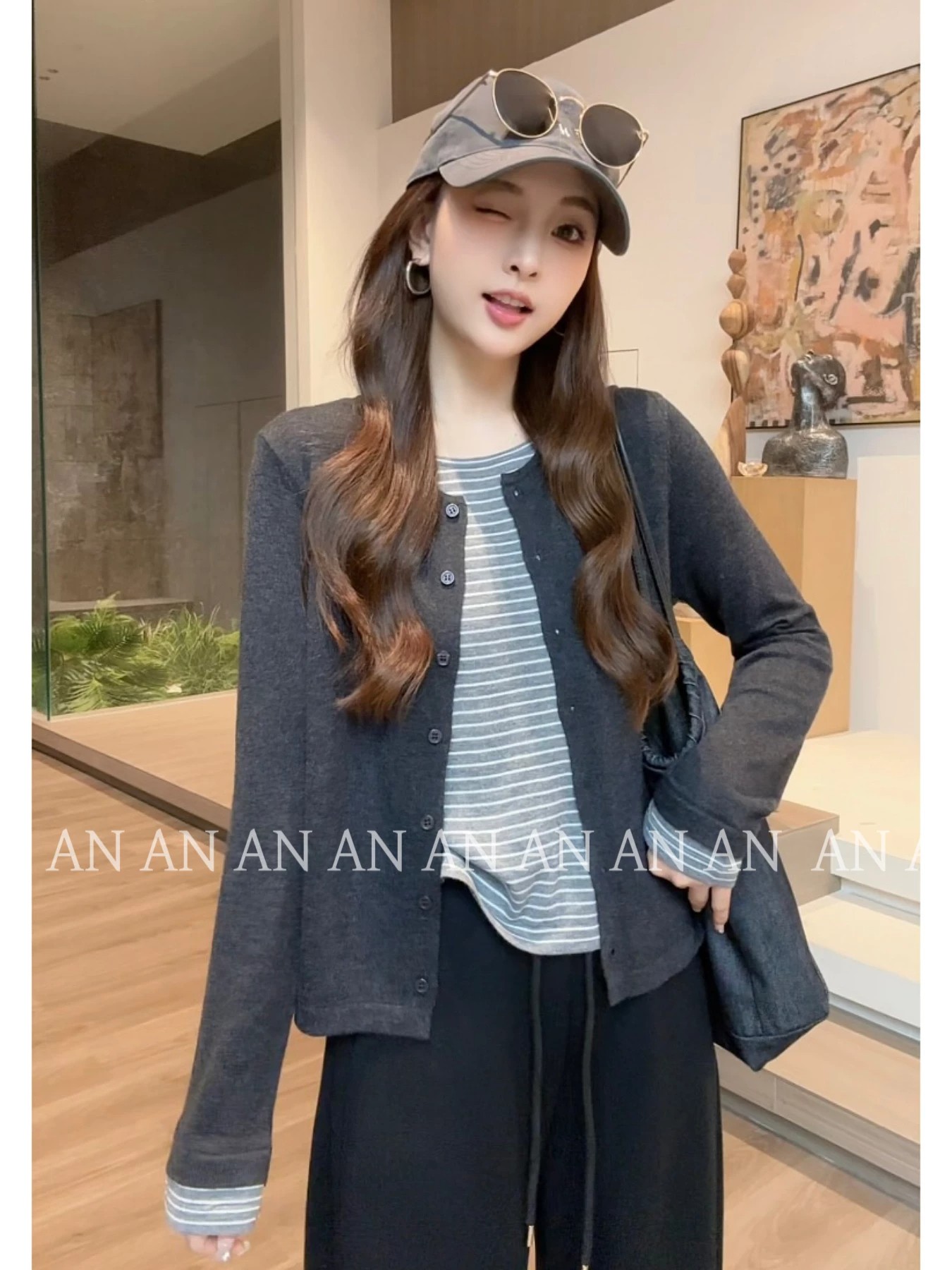 Women's Striped Patchwork Faux-Layer Round Neck Knit Cardigan Top - Image 3