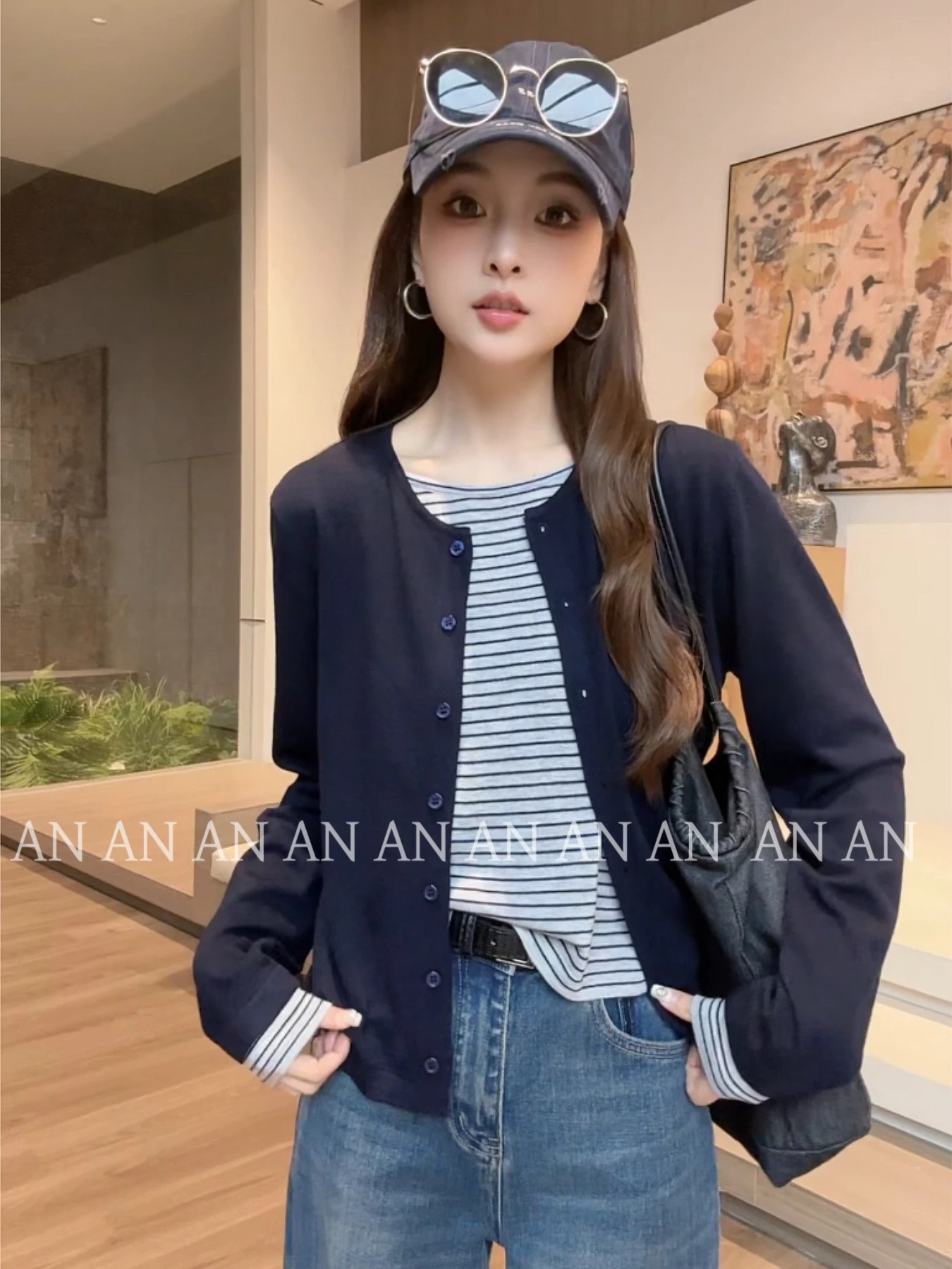 Women's Striped Patchwork Faux-Layer Round Neck Knit Cardigan Top - Image 4