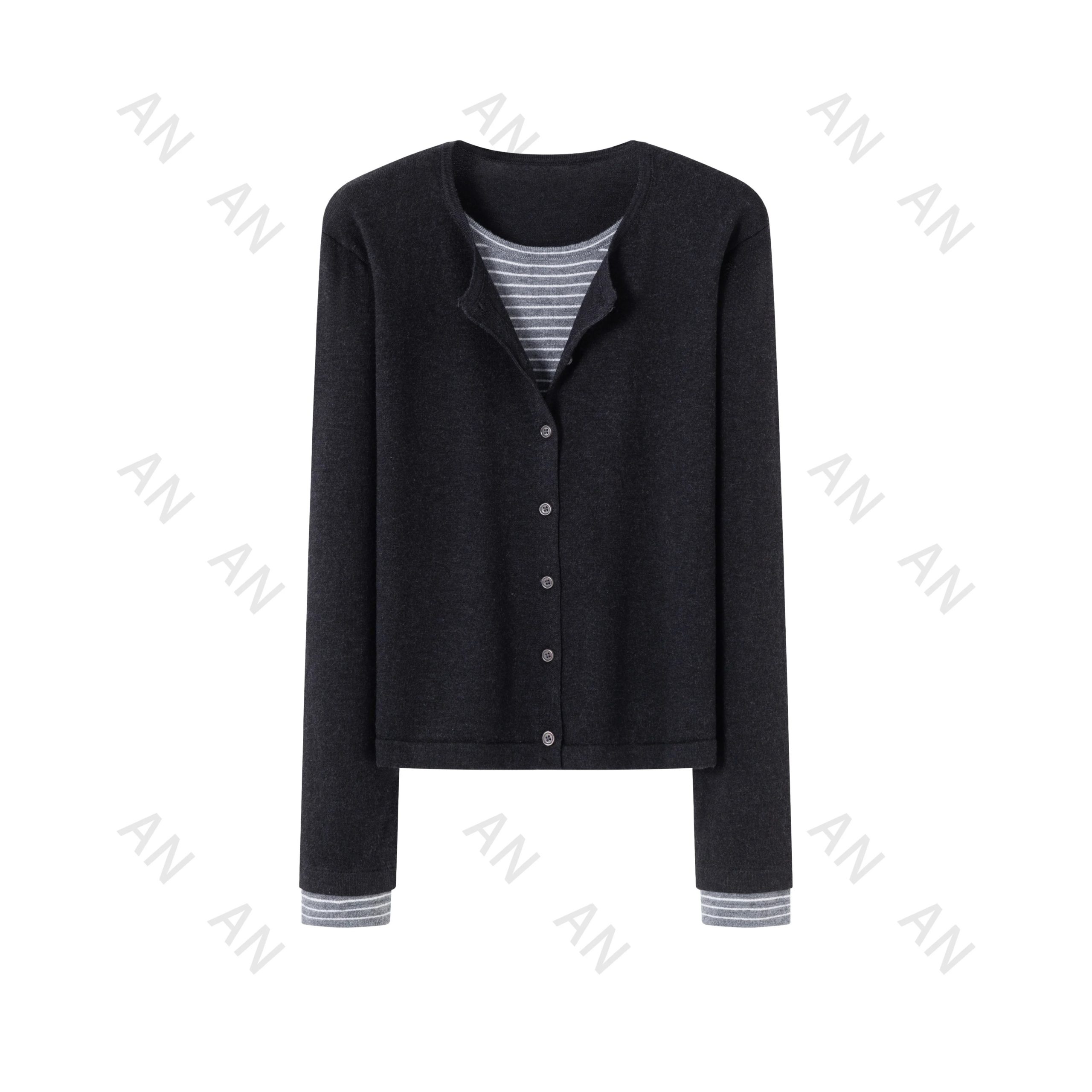 Women's Striped Patchwork Faux-Layer Round Neck Knit Cardigan Top - Image 5