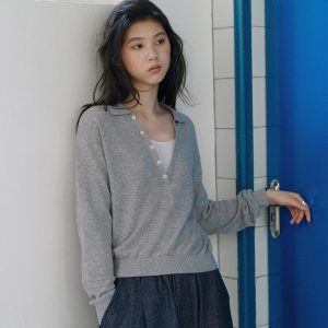 Women's Knit Polo Sweater with Layered Look in Light Gray