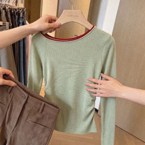 Korean One-Shoulder Knit Top for Women Early Spring Simple Off-Shoulder Base Layer Waist-Cinching Top