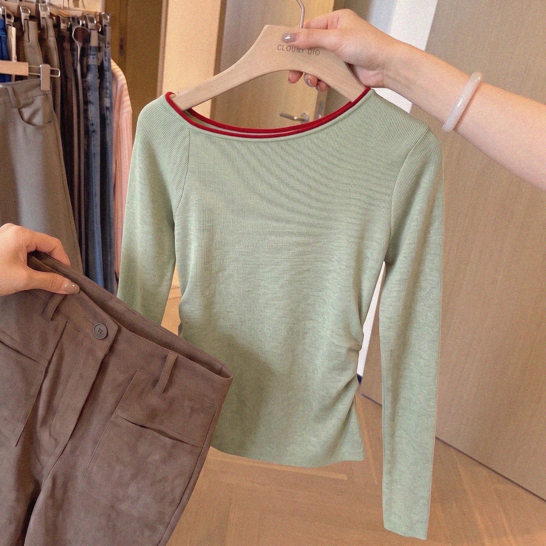 Korean One-Shoulder Knit Top for Women Early Spring Simple Off-Shoulder Base Layer Waist-Cinching Top - Image 5