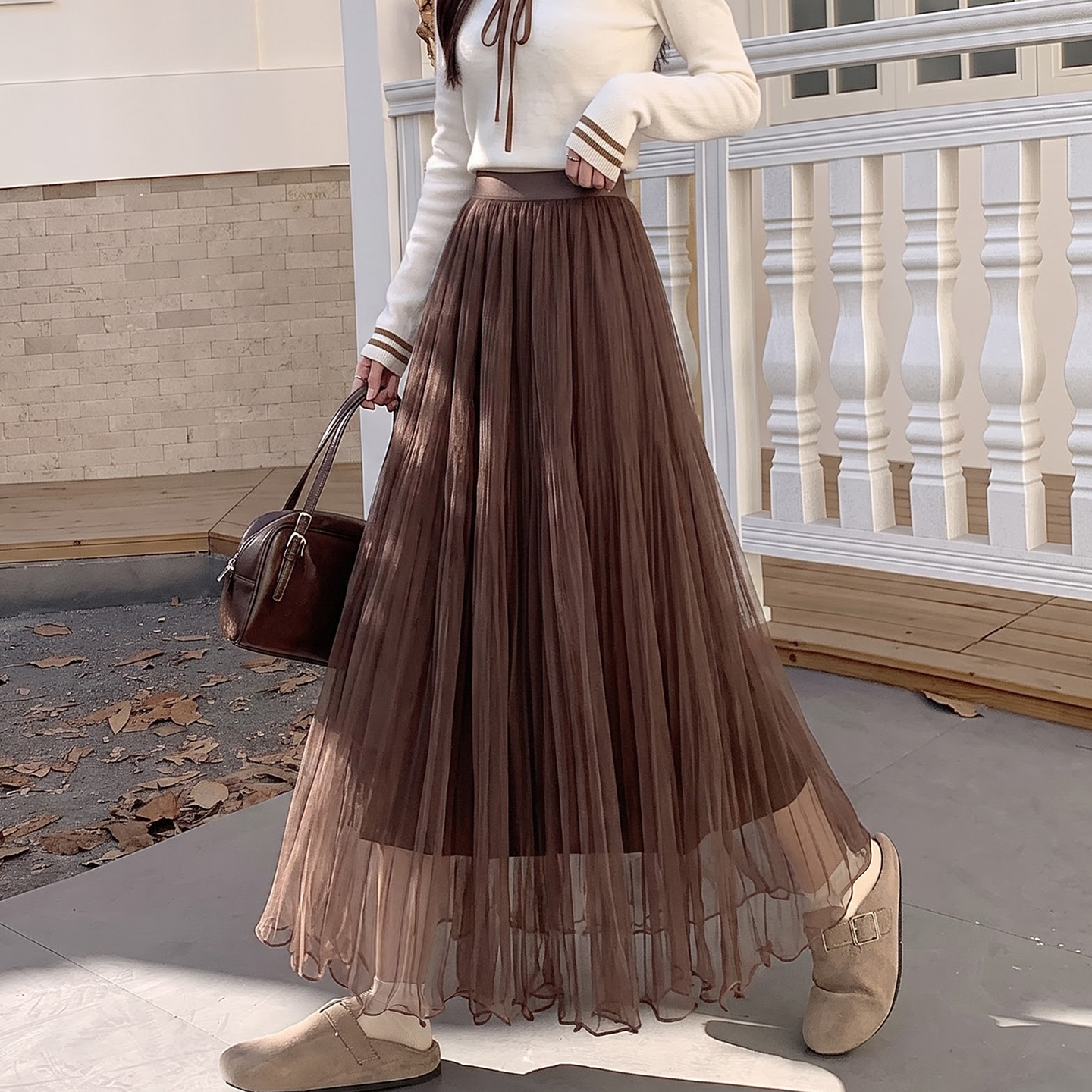 Pleated Tulle Skirt for Women Fall 2026 High Waist Slimming Flowy A-Line Umbrella Skirt - Image 4