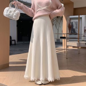 Women's Knit Pleated High Waist Flared A-Line Maxi Skirt with Tassels Fall 2026