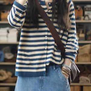 French Retro Blue Striped Long Sleeve Knit Cardigan for Women