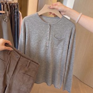 Rolled Hem Lightweight Long Sleeve Knit Top Women Summer Loose Slimming Casual Minimalist