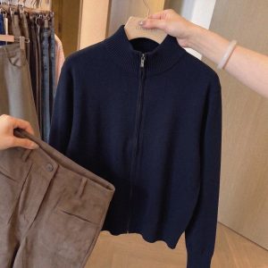 Old Money Style Stand Collar Zip Knit Cardigan Women Autumn Soft Slim Fit Sweater Jacket