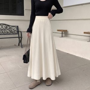 Women's Knit Pleated High Waist A-Line Long Skirt 2026 Fall Winter