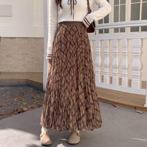 Retro Plaid Pleated Midi Skirt for Women 2026 Fall Elastic Waist Flared Mesh A-Line Long Skirt